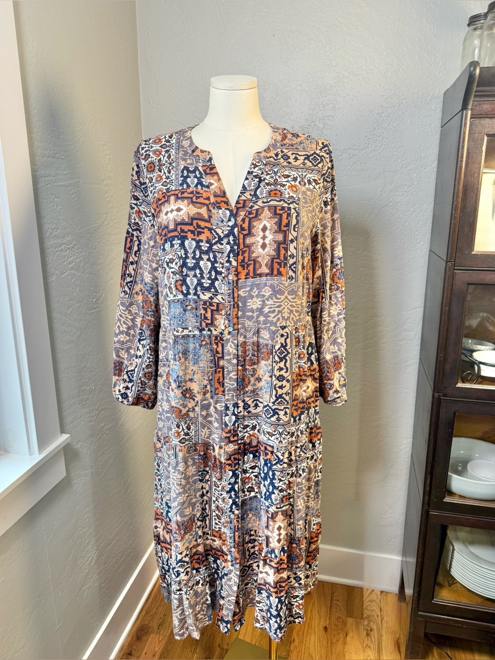 Canyon Retreat Boho Patchwork Midi Southwest Dress Pearl Snap Button XL